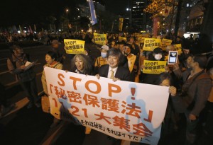 Protesters shout slogans during a march against the government's planned secrecy law, in Tokyo