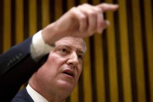 New York Mayor De Blasio attends a news conference about the two NYPD police officers who were fatally shot in the Brooklyn borough of New York