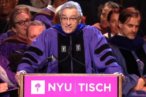 In this screen grab from video; Actor Robert De Niro speaks during the New York University Tisch School for the Arts graduation Friday, May 22, 2015, in New York. (NYU)
