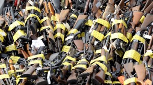 Approximately 3,400 confiscated weapons sit inside a dump truck during the 22nd Annual Gun Melt in Rancho Cucamonga