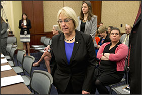 Sen. Patty Murray, D-Wash., ranking member on the Senate Health, Education, Labor and Pensions Committee arrives on Capitol Hill in Washington, Wednesday, Nov. 18, 2015, for a conference of House and Senate negotiators trying to resolve competing versions of a rewrite to the No Child Left Behind education law. (AP Photo/Jacquelyn Martin)