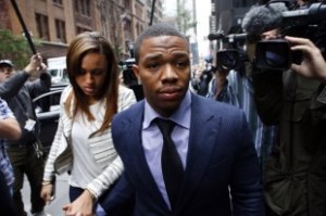 FILE - In this Nov. 5, 2014, file photo, Ray Rice arrives with his wife Janay Palmer for an appeal hearing of his indefinite suspension from the NFL in New York. For all that went right on the field, the NFL took a big hit off it with domestic violence issues.  (AP Photo/Jason DeCrow, File)