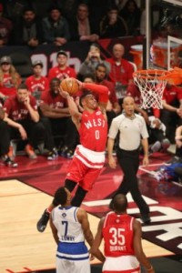 TORONTO, CANADA - FEBRUARY 14:  Russell Westbrook #0 of the Western Conference dunks against the Eastern Conference during the 2016 NBA All-Star Game on February 14, 2016 at the Air Canada Centre in Toronto, Ontario, Canada.  NOTE TO USER: User expressly acknowledges and agrees that, by downloading and or using this Photograph, user is consenting to the terms and conditions of the Getty Images License Agreement.  Mandatory Copyright Notice: Copyright 2016 NBAE (Photo by Joe Murphy/NBAE via Getty Images)
