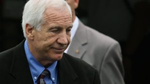 BELLEFONTE, PA - JUNE 18:  Former Penn State assistant football coach Jerry Sandusky leaves the Centre County Courthouse following his child sexual-abuse trial on June 18, 2012 in Bellefonte, Pennsylvania. Today the defense began their argument in the sexual abuse trial of former Penn State assistant football coach Jerry Sandusky who is charged with 52 criminal counts of alleged sexual abuse of children.  (Photo by Mark Wilson/Getty Images)