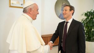 Pope Francis shakes hands with Facebook CEO Mark Zuckerberg during a meeting at the Vatican August 29, 2016. Osservatore Romano/Handout via Reuters ATTENTION EDITORS - THIS IMAGE WAS PROVIDED BY A THIRD PARTY. EDITORIAL USE ONLY. NO RESALES. NO ARCHIVE. - RTX2NGFH